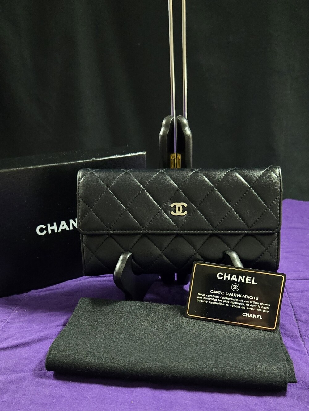 CHANEL Black Quilted Continental Leather Wallet with SilverTone CC